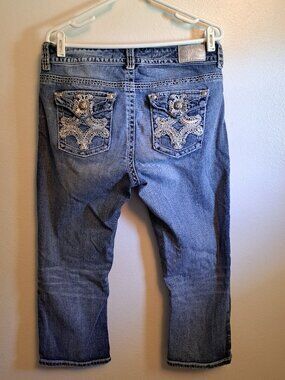 Maurices Premium Distress Denim Capris W/Embroidered Sequin Accent Flap Pockets